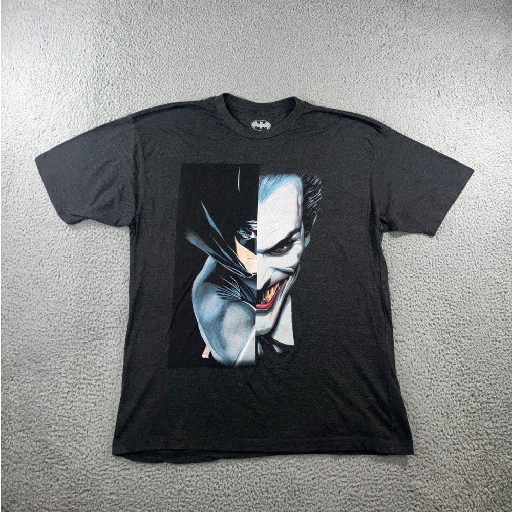 Batman T-Shirt Men 2XLB Charcoal Joker Split Face Graphic DC Comics Tee Bleached